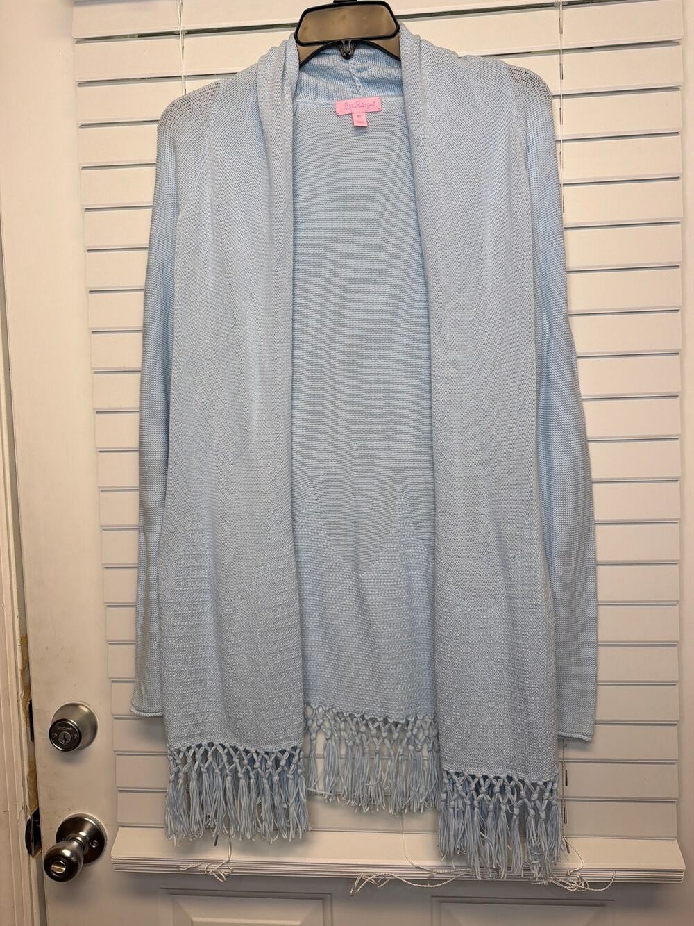Lilly Pulitzer Tatum Cardigan Light Baby Blue Textured Knit Fringe Hem Size XS